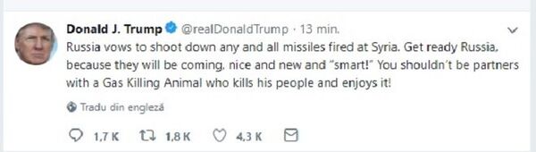Trump avertizează Rusia cu privire la atacurile cu rachetă asupra Siriei Trump avertizează Rusia cu privire la atacurile cu rachetă asupra Siriei - Sputnik Moldova