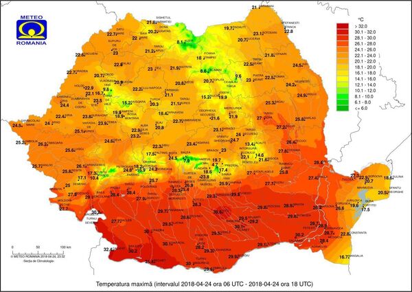 Harta valorilor de temperatura aerului Harta valorilor de temperatura aerului - Sputnik Moldova-România