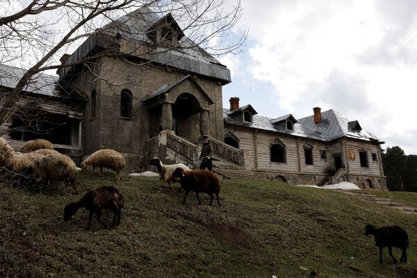 Пастух и стадо овец у старого здания в провинции Карс, Турция - Sputnik Молдова