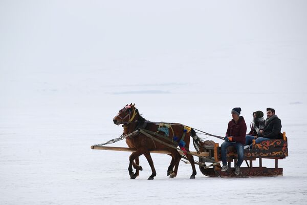 Конная упряжь едет по замерзшему озеру Чилдыр в провинции Карс, Турция - Sputnik Молдова