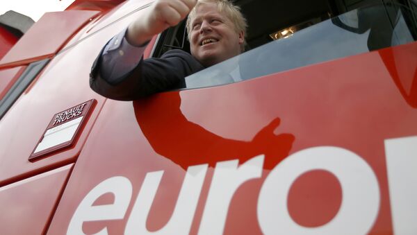 London Mayor Boris Johnson gestures as he sits in the cabin of a truck at an Out campaign event, in favour of Britain leaving the European Union, at Europa Worldwide freight company in Dartford, Britain March 11, 2016. - Sputnik Moldova-România