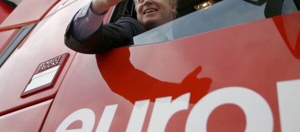 London Mayor Boris Johnson gestures as he sits in the cabin of a truck at an Out campaign event, in favour of Britain leaving the European Union, at Europa Worldwide freight company in Dartford, Britain March 11, 2016. - Sputnik Молдова