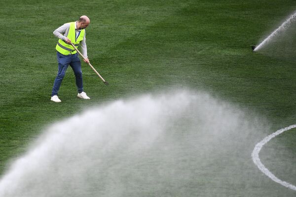 Уборка газона на поле на стадионе Волгоград Арена - Sputnik Молдова