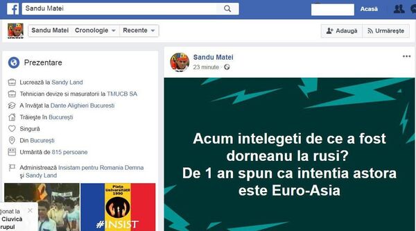 Postare Sandu Matei - Sputnik Moldova-România
