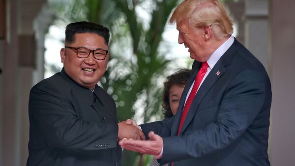 U.S. President Donald Trump meets North Korean leader Kim Jong Un at the Capella Hotel on Sentosa island in Singapore June 12, 2018. - Sputnik Moldova-România