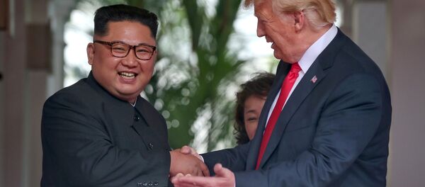 U.S. President Donald Trump meets North Korean leader Kim Jong Un at the Capella Hotel on Sentosa island in Singapore June 12, 2018. U.S. President Donald Trump meets North Korean leader Kim Jong Un at the Capella Hotel on Sentosa island in Singapore June 12, 2018. - Sputnik Молдова