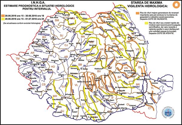 Harta Avertizare Hidrologica nr. 40 din 28.06.2018 Harta Avertizare Hidrologica nr. 40 din 28.06.2018 - Sputnik Moldova-România