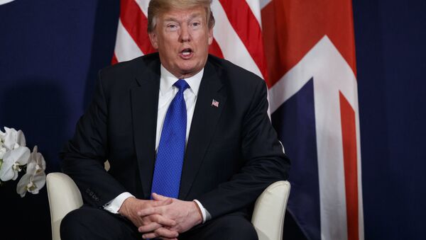 President Donald Trump listens during a meeting with British Prime Minister Theresa May at the World Economic Forum, Thursday, Jan. 25, 2018, in Davos. - Sputnik Moldova-România