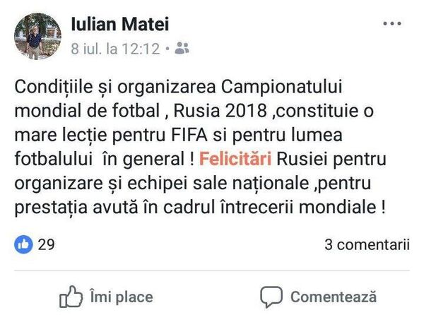 Postare Facebook Iulian Matei Postare Facebook Iulian Matei - Sputnik Moldova-România