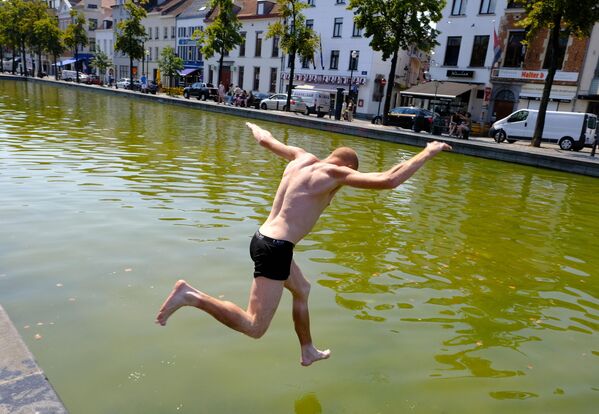 Человек прыгает в канал в центре Брюсселя, спасаясь от жары - Sputnik Молдова