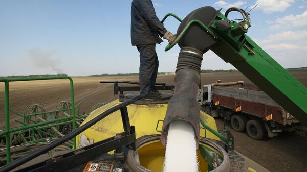 A worker loads fertilizers for treating fields of Irmen stud farm. - Sputnik Moldova-România