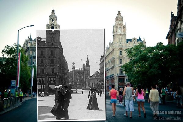 Снимок площади Ferenciek в Будапеште из фотопроекта Окно в прошлое венгерского фотографа Kerenyi Zoltan, 1900/2012 года - Sputnik Молдова
