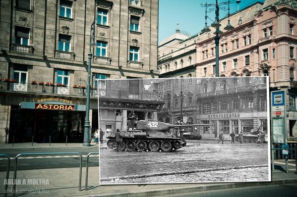 Снимок перекрестка Astoria в Будапеште из фотопроекта Окно в прошлое венгерского фотографа Kerenyi Zoltan, 1956/2012 года - Sputnik Молдова