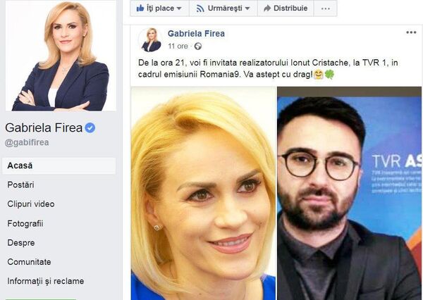 Facebook Gabriela Firea. Anunțul care avea să preceadă atacul total la Dragnea. Ionuț Cristache, cel puțin politicos cu fosta colegă de trust. Facebook Gabriela Firea. Anunțul care avea să preceadă atacul total la Dragnea. Ionuț Cristache, cel puțin politicos cu fosta colegă de trust. - Sputnik Moldova-România