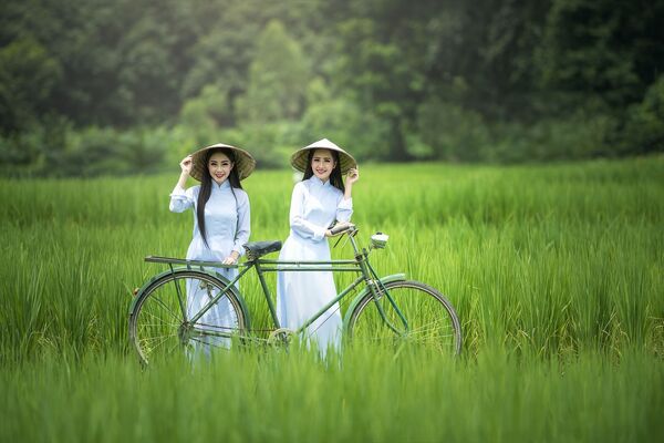 Вьетнамские девушки на зеленом поле у велосипеда - Sputnik Молдова