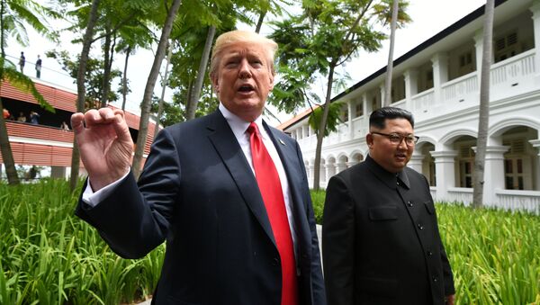 Президент США Дональд Трамп и лидер Северной Кореи Ким Чен Ын на встрече в Сингапуре в рамках саммита США - Северная Корея - Sputnik Молдова