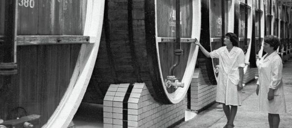 Сотрудники совхоза-завода Яловены обходят хранилище хересных вин. - Sputnik Молдова