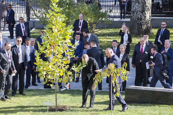 Реджеп Эрдоган сажает дерево перед отреставрированным зданием резиденции президента Молдовы. - Sputnik Молдова