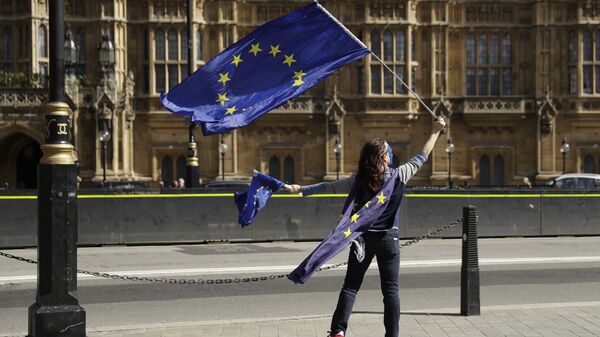 A pro-remain supporter of Britain staying in the EU, holds up an EU flag whilst taking part in an anti-Brexit protest outside the Houses of Parliament in London (File) - Sputnik Moldova-România