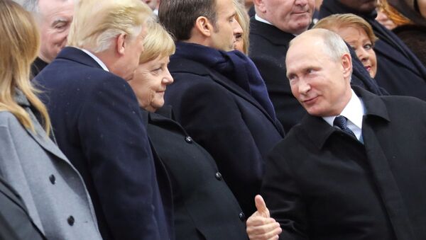 Президент России Владимир Путин, канцлер Германии Ангела Меркель и президент США Дональд Трамп - Sputnik Moldova-România