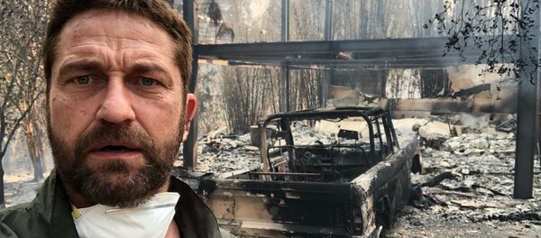 Актер Джерард Батлер напротив своего сгоревшего дома в результате природных пожаров в Калифорнии - Sputnik Молдова