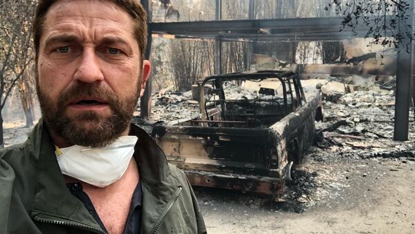Актер Джерард Батлер напротив своего сгоревшего дома в результате природных пожаров в Калифорнии - Sputnik Молдова