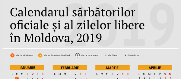 Calendarul sărbătorilor oficiale și a zilelor libere în Moldova, 2019 Calendarul sărbătorilor oficiale și a zilelor libere în Moldova, 2019 - Sputnik Moldova