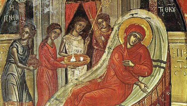 Icoana zămislirii Sfintei fecioare Maria de către Sfânta Ana, de la mănăstirea Stavronichita - Sputnik Moldova-România