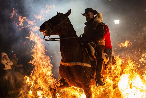Всадник проезжает через огонь во время ежегодного фестиваля Las Luminarias в испанской деревне Сан-Бартоломе-де-Пинаре - Sputnik Moldova-România