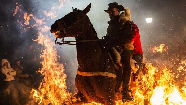Всадник проезжает через огонь во время ежегодного фестиваля Las Luminarias в испанской деревне Сан-Бартоломе-де-Пинаре - Sputnik Молдова