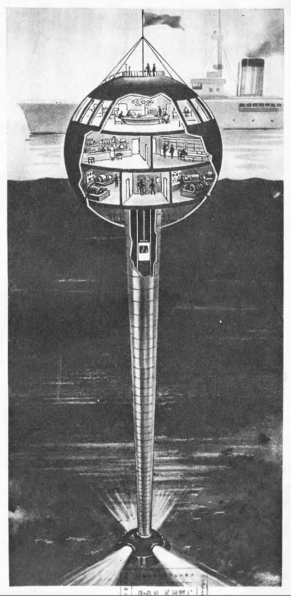 Иллюстрация батистата - огромного лифта ко дну моря, в журнале Техника молодежи за 1938 год - Sputnik Молдова