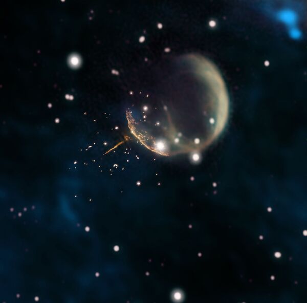 Остаток сверхновой CTB 1, напоминающий пузырь, и прямой, светящийся след от пульсара J0002+6216 - Sputnik Молдова