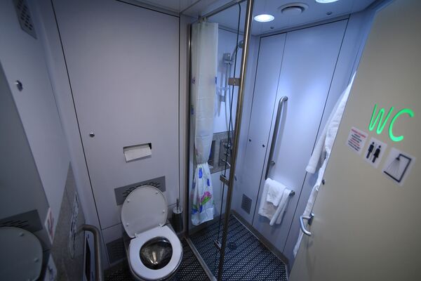Душевая кабина в туалетной комнате нового одноэтажного купейного вагона дальнего следования на Рижском вокзале в Москве. - Sputnik Молдова