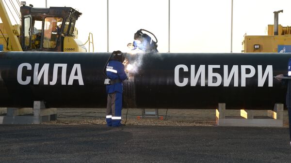 Сварка шва на церемонии соединения первого звена магистрального газопровода Сила Сибири - Sputnik Moldova-România