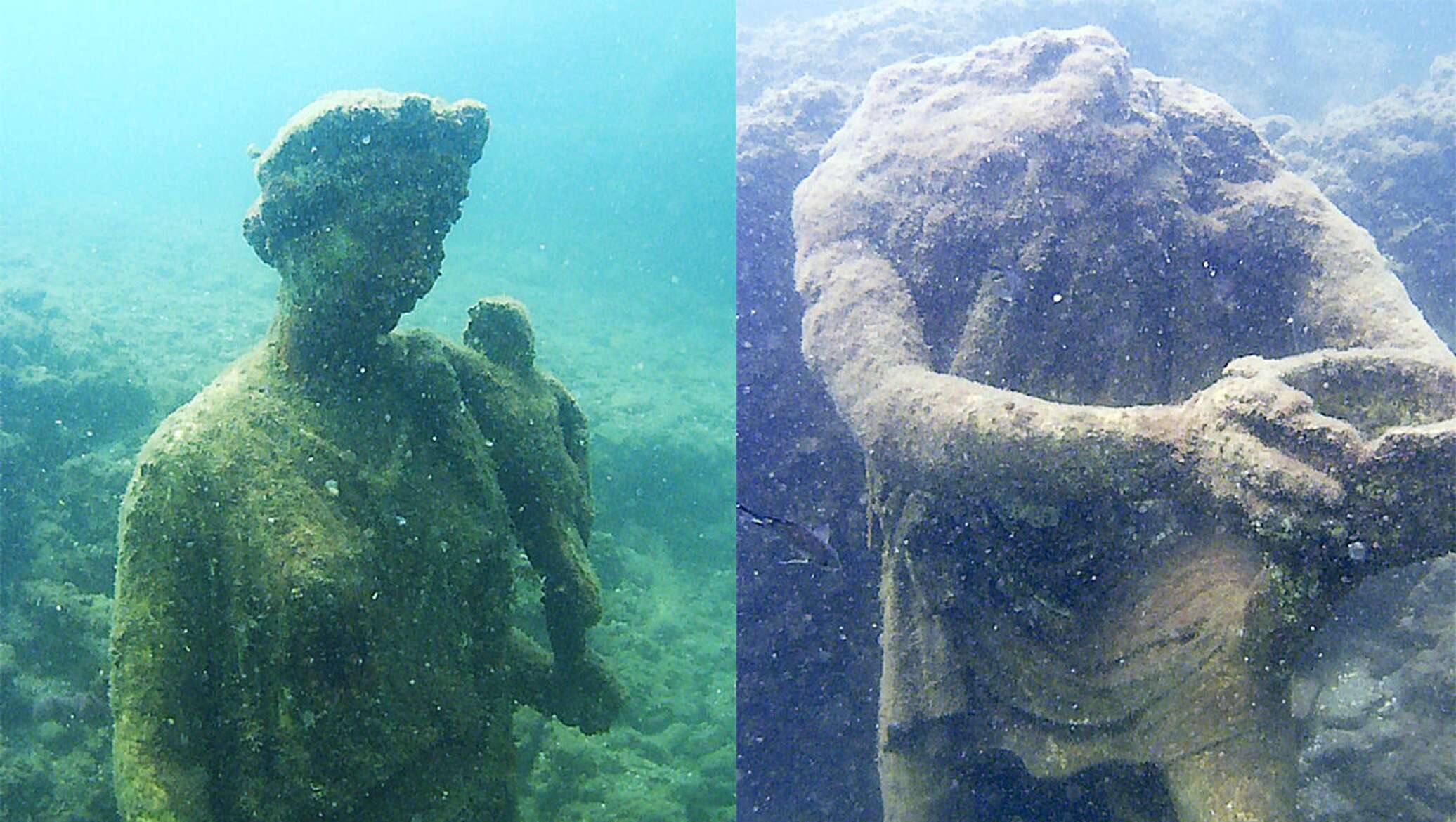Золотая лежит на дне. Затонувшие статуи. Огромные статуи под водой. Затонувшие под водой статуи.
