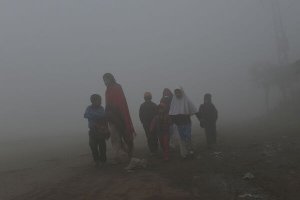 Матери ведут детей в школу вдоль дороги в условиях сильного тумана и смога в Лахоре - Sputnik Молдова