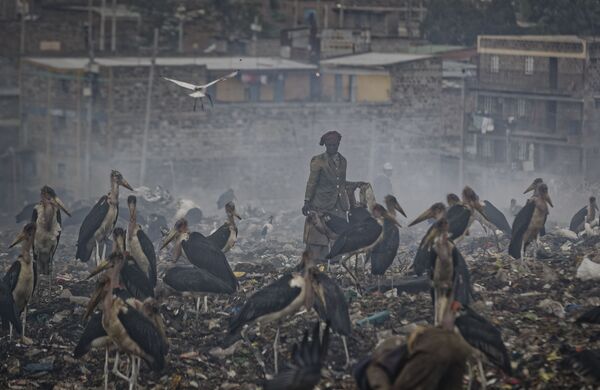 Женщина в облаке дыма от горящего мусора в окружении аистов Марабу на свалке в трущобах Найроби, Кения - Sputnik Молдова