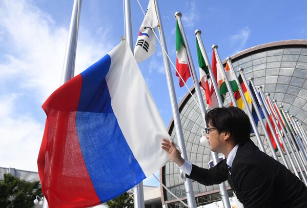 Вывешивание флага России у международного выставочного центра INTEX Osaka перед открытием саммита Группы двадцати в японской Осаке - Sputnik Moldova-România