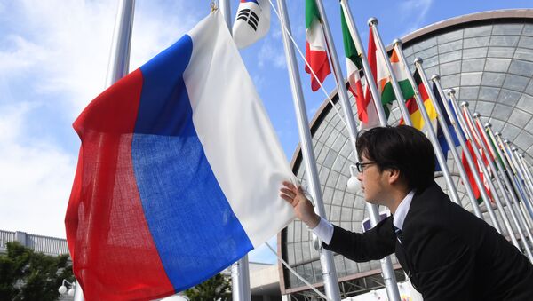 Вывешивание флага России у международного выставочного центра INTEX Osaka перед открытием саммита Группы двадцати в японской Осаке - Sputnik Молдова