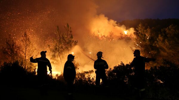 Pompierii încearcă să stingă un incendiu de vegetație în apropierea satului Makrimalli de pe insula Evia, Grecia - Sputnik Молдова