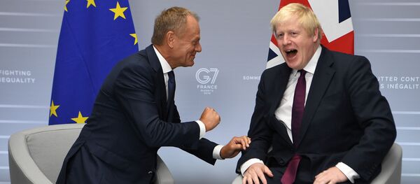 Prim-ministrul Marii Britanii, Boris Johnson, la întâlnirea cu președintele Consiliului Uniunii Europene, Donald Tusk, în cadrul unei reuniuni bilaterale în timpul summitului G7 de la Biarritz, Franța, 25 august 2019 - Sputnik Moldova-România