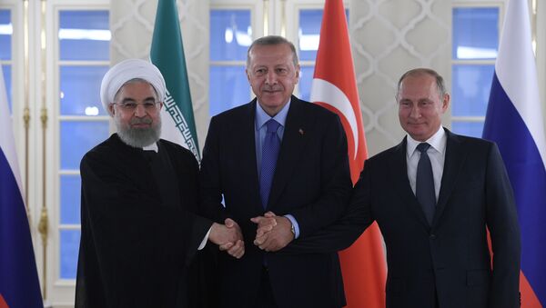  Путин, Эрдоган и Роухани на трехсторонней встрече по сирийскому урегулированию. - Sputnik Молдова