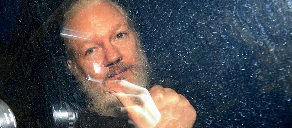 Основатель WikiLeaks Джулиан Ассанж в полицейском автомобиле (11 апреля 2019). Лондон - Sputnik Moldova-România