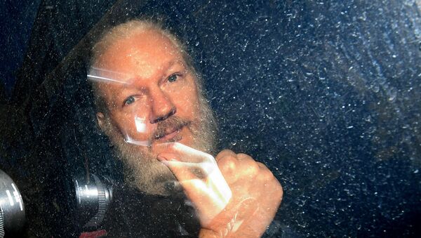 Основатель WikiLeaks Джулиан Ассанж в полицейском автомобиле (11 апреля 2019). Лондон - Sputnik Moldova-România