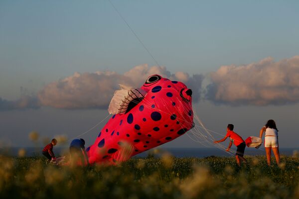 Дети запускают воздушного змея во время международного фестиваля воздушных змеев на Мальте - Sputnik Молдова