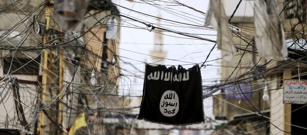 An Islamic State flag hangs amid electric wires over a street. - Sputnik Moldova-România