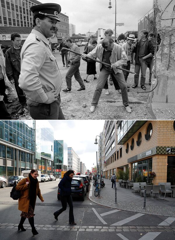 На фото сверху мужчина пытается разбить часть Берлинской стены на улице Markgrafen Strasse/Rudi-Dutschke Strasse 2 июня 1990 года, и внизу -  то же место 30 октября 2019 года, Германия - Sputnik Moldova-România