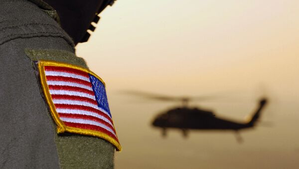 Close-up of a US Flag patch as a US Army (USA) UH-60A Black Hawk (Blackhawk) helicopter  - Sputnik Moldova-România