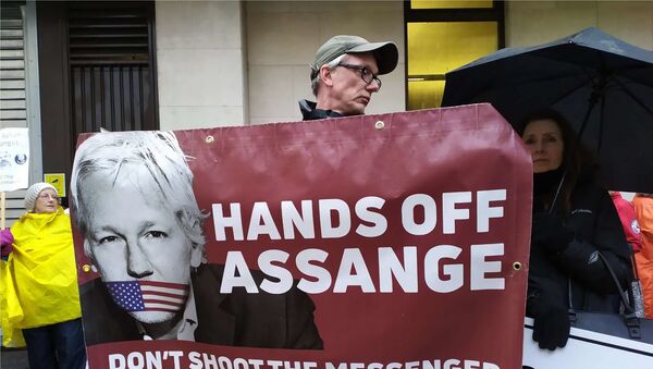 A man holds a banner at a rally in support of Assange in London - Sputnik Moldova-România