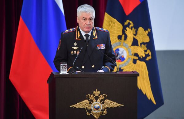 Министр внутренних дел РФ Владимир Колокольцев выступает на ежегодном расширенном заседании коллегии министерства - Sputnik Молдова